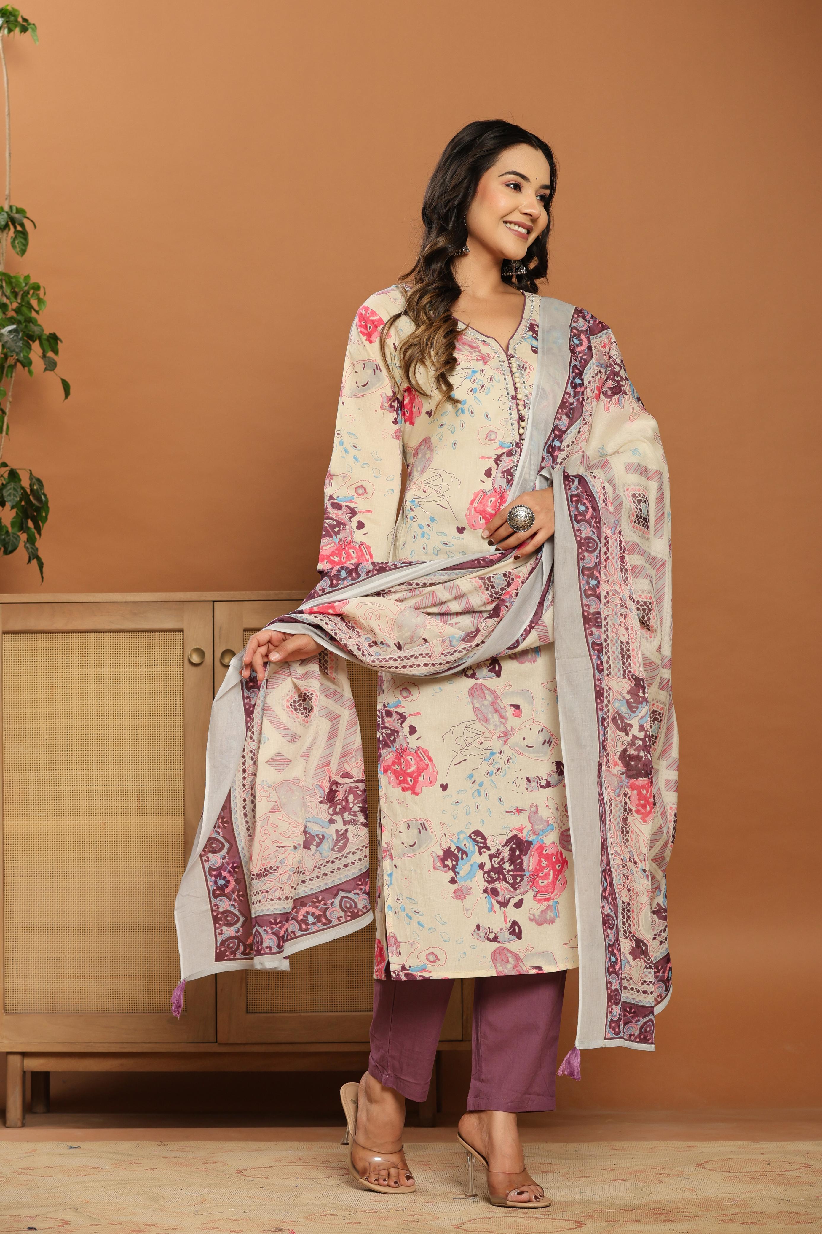 Magenta Bloom Beige Cotton Suit