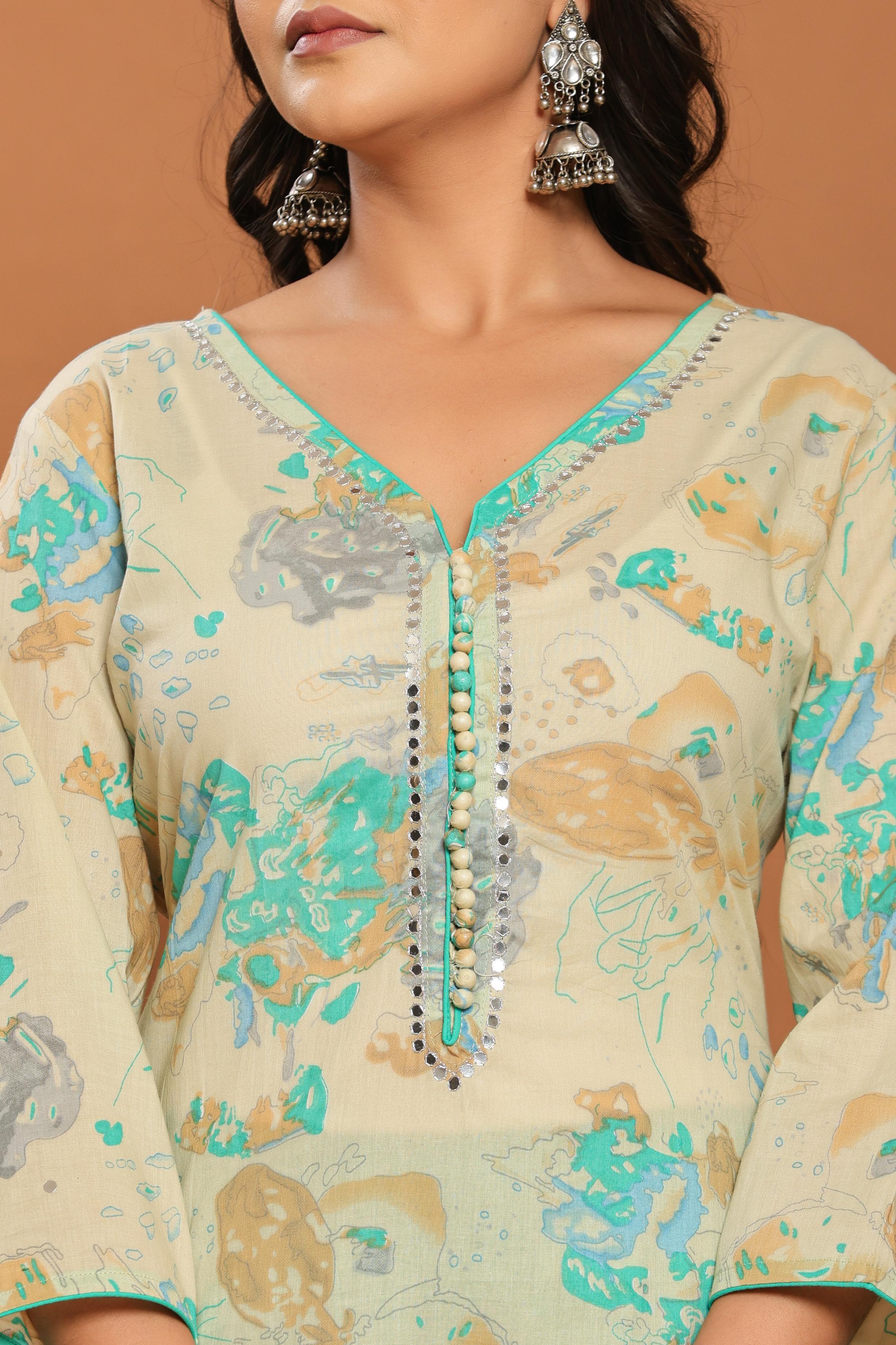 Aqua Bloom Beige Mirror Cotton Suit