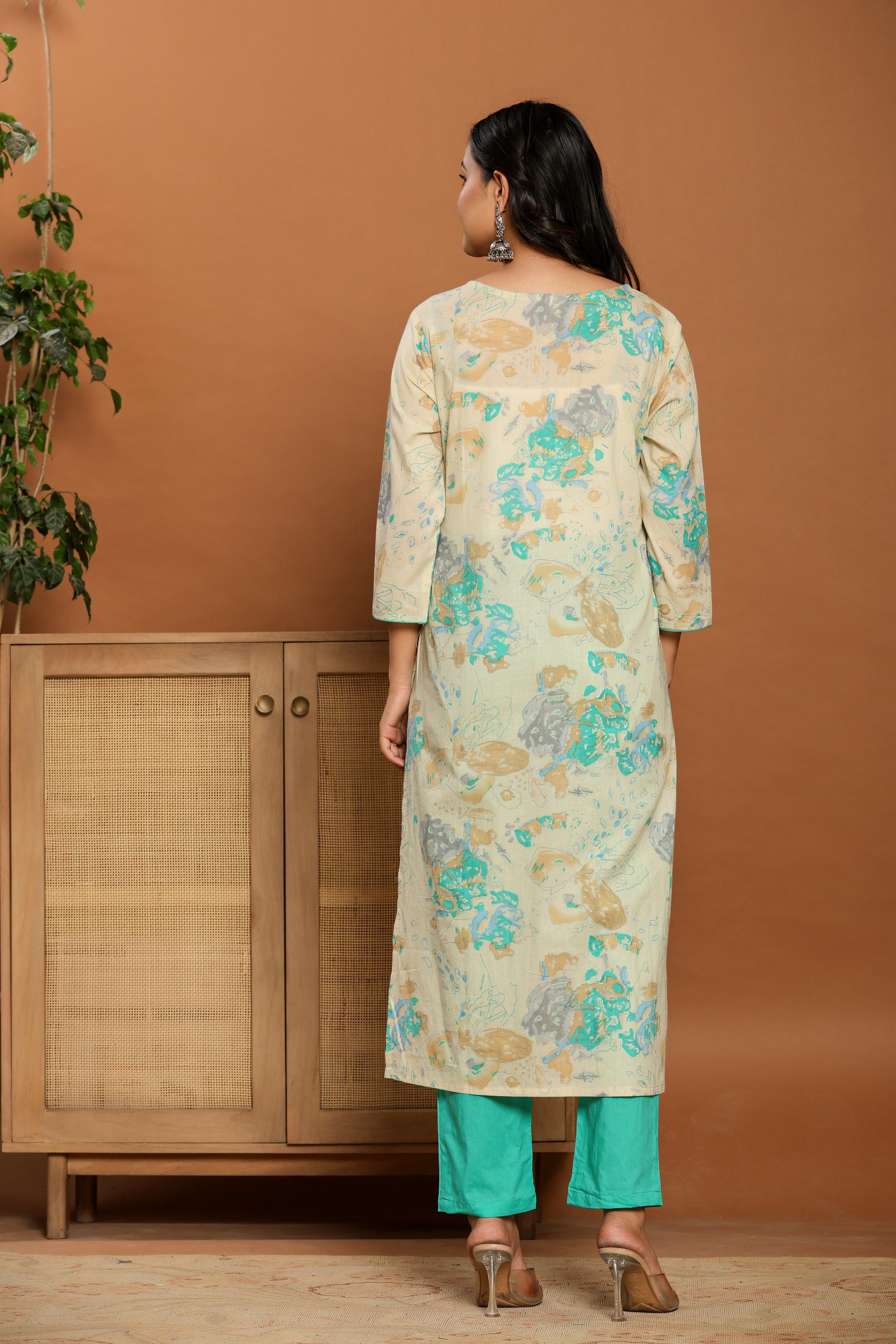 Aqua Bloom Beige Mirror Cotton Suit