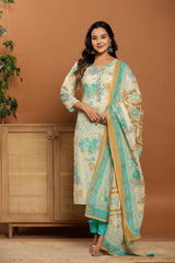 Aqua Bloom Beige Mirror Cotton Suit